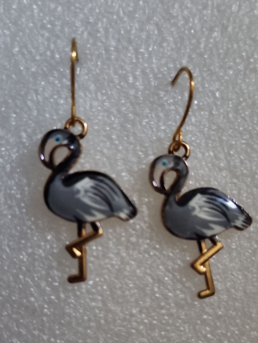 Hand Crafted Gray, White and Gold Flamingo Drop Earrings